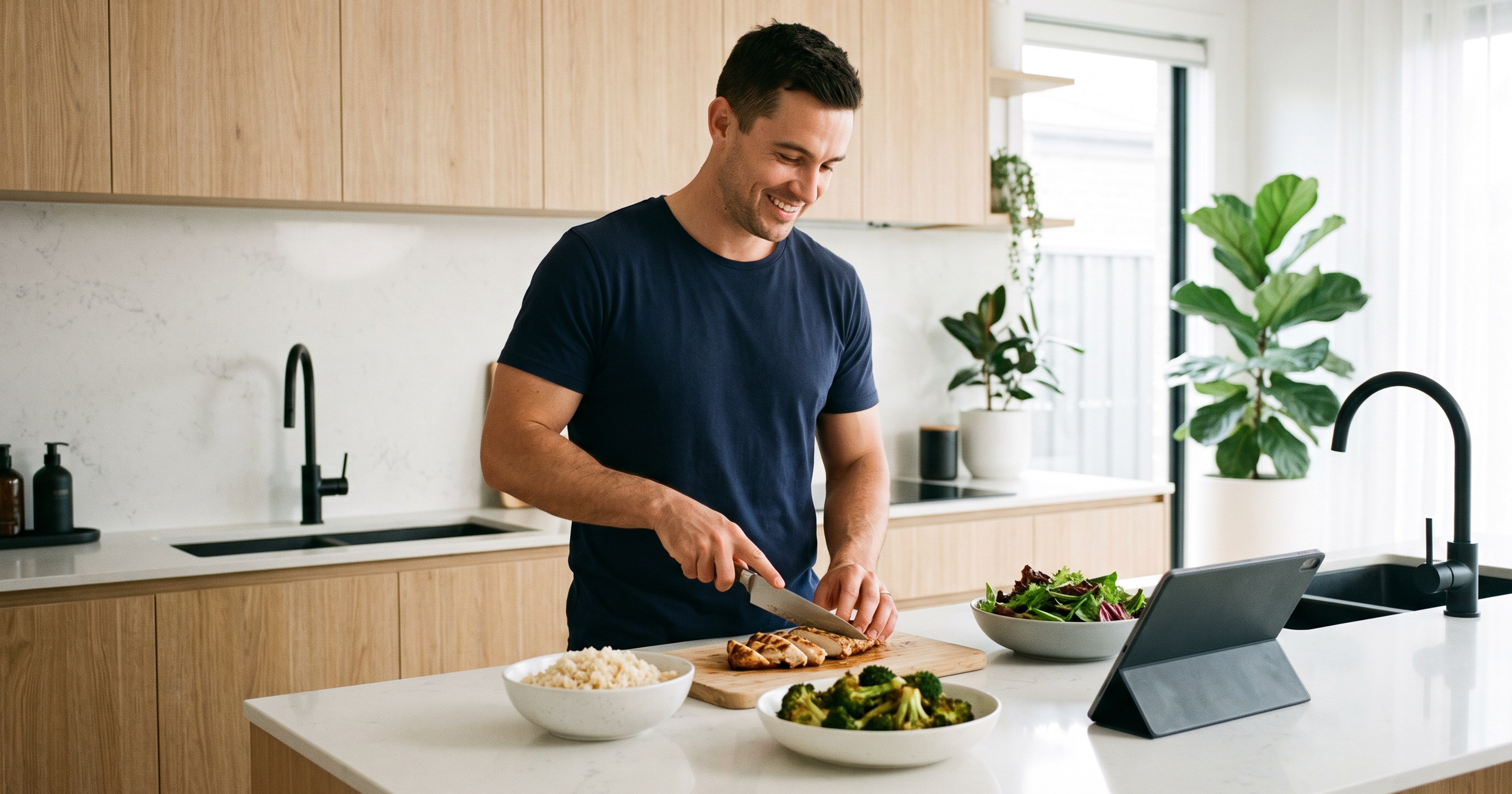 Man slicing grilled chicken in a modern kitchen while prepping meals for the week, with rice, broccoli and salad on the bench
