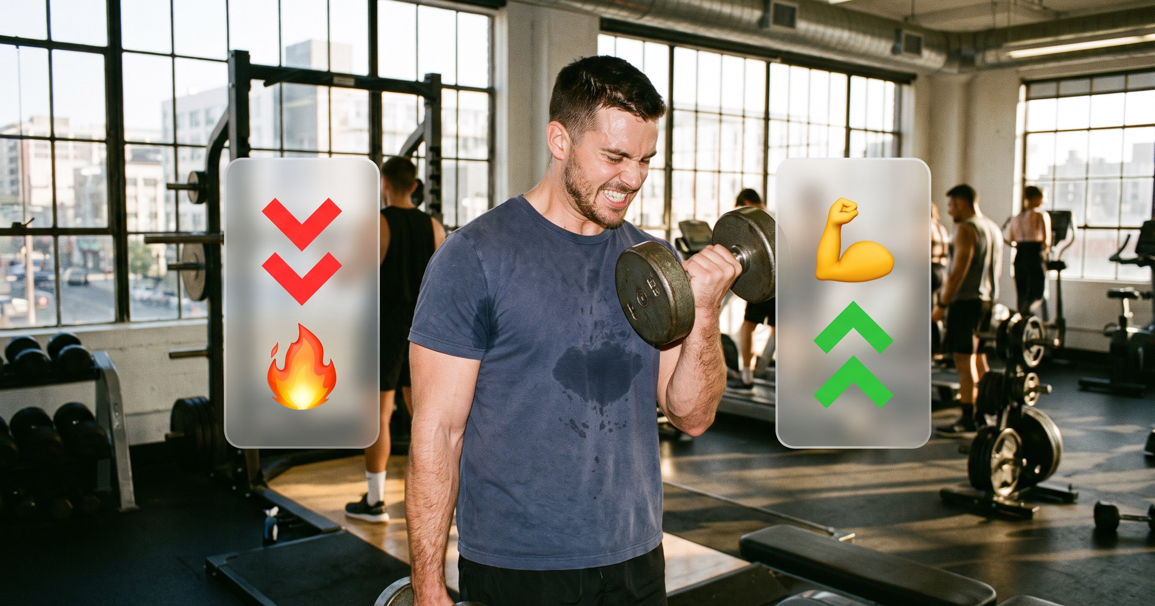 Man mid-way through a dumbbell bicep curl in a sunny, busy gym, with graphics showing body fat going down and muscle going up