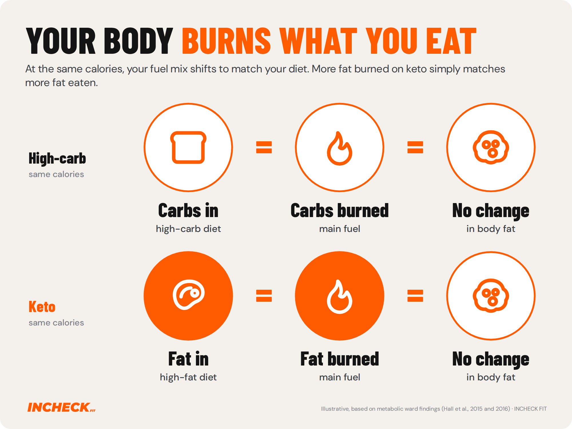 Illustration. On a high-carb diet, carbs in equals carbs burned as the main fuel, with no change in body fat. On keto at the same calories, fat in equals fat burned as the main fuel, again with no change in body fat. Based on metabolic ward findings.