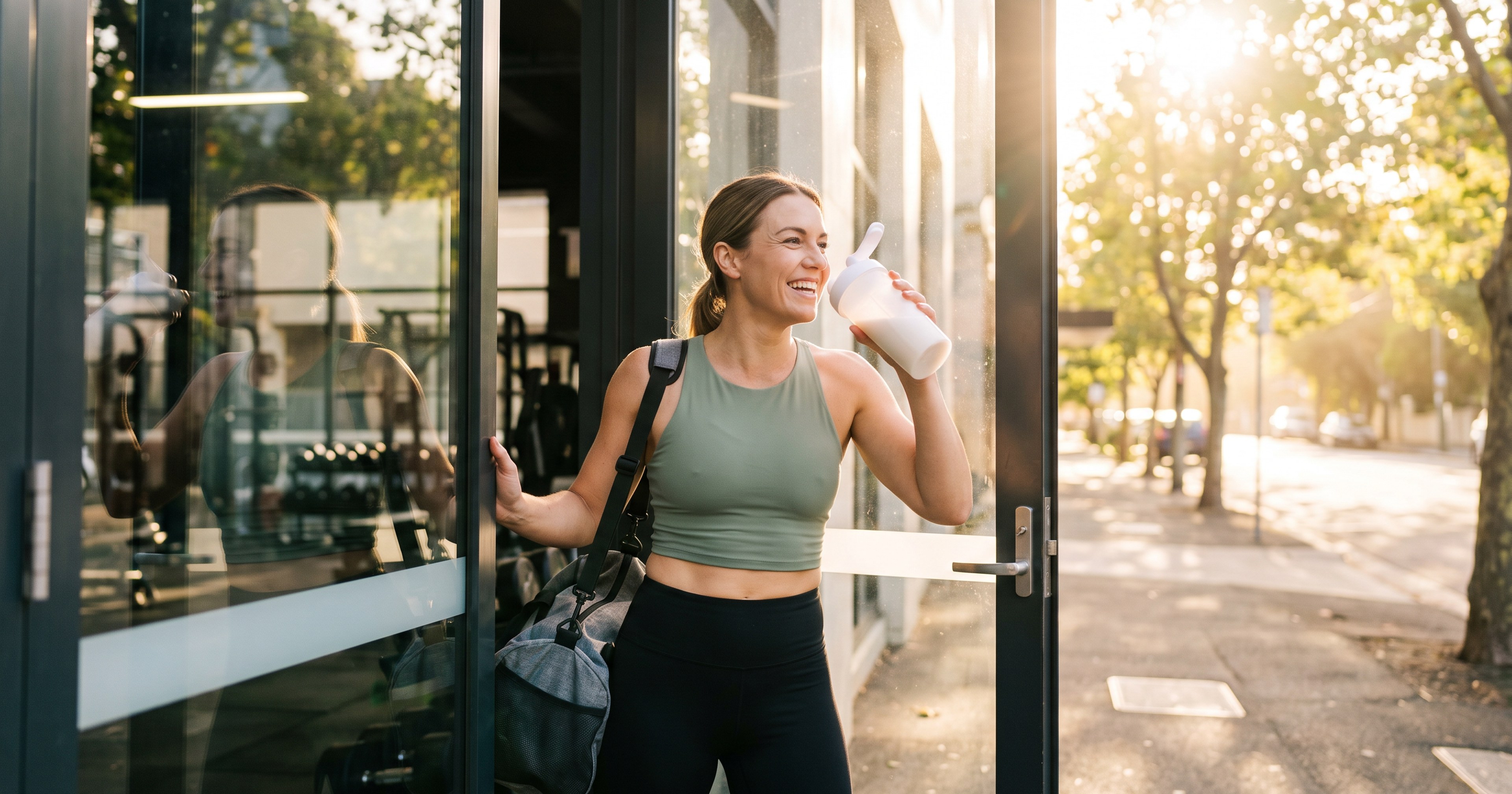 Woman in workout gear walking out of a gym drinking a protein shake
