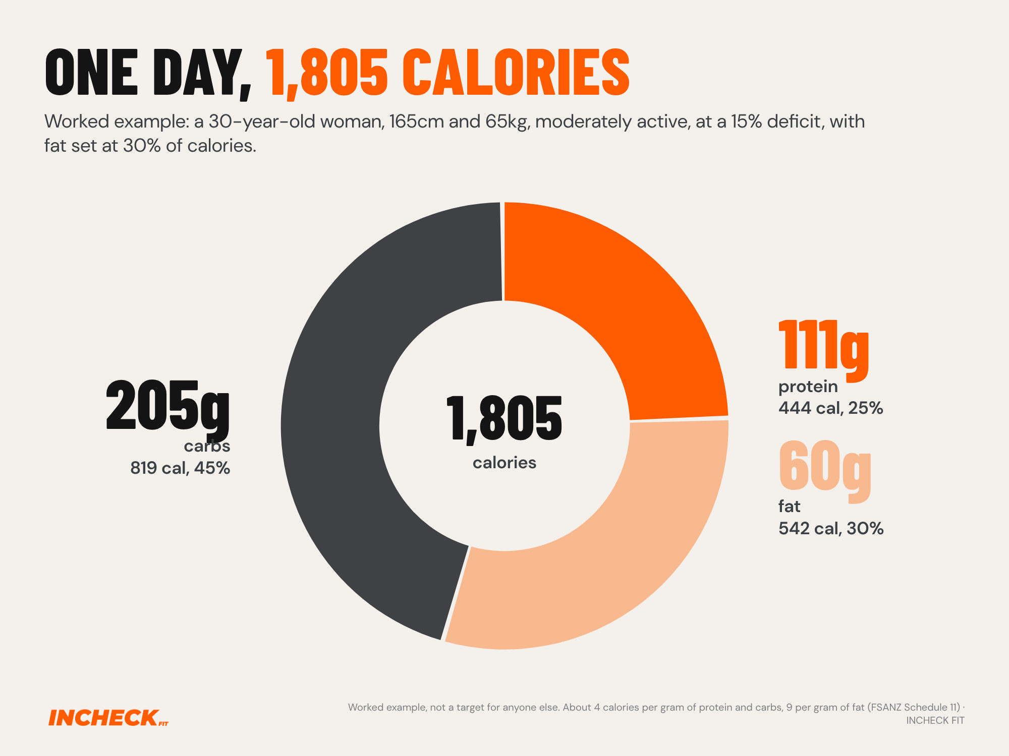Donut chart. A worked example of one day at 1,805 calories, for a 30-year-old woman, 165cm and 65kg, moderately active, at a 15% deficit: 111g protein (444 calories, 25%), 60g fat (542 calories, 30%) and 205g carbs (819 calories, 45%). Worked example, not a target for anyone else.
