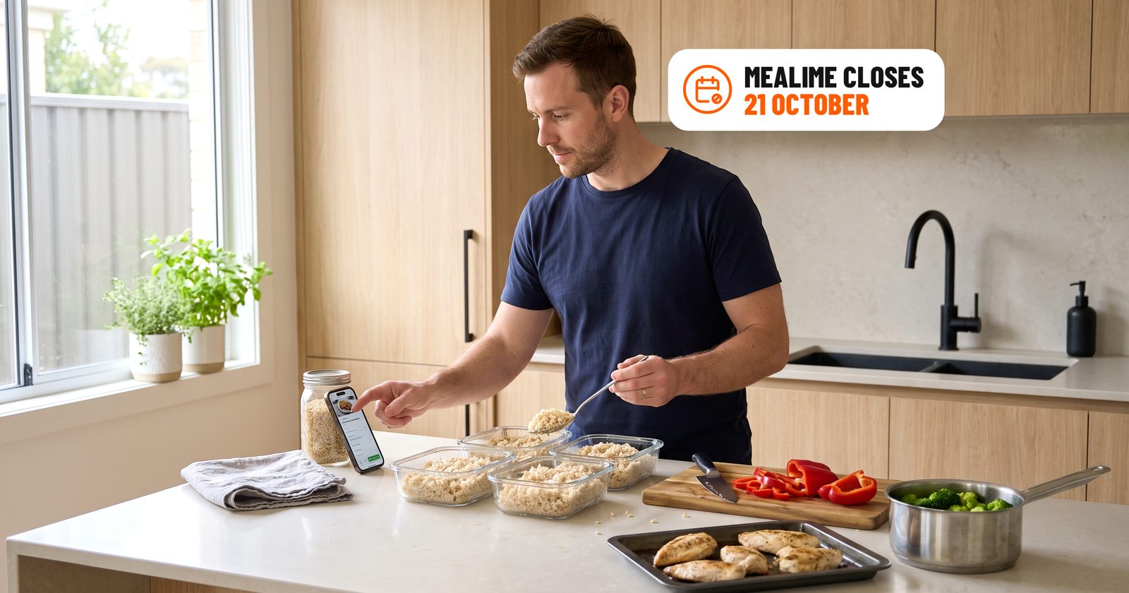 Man doing his weekly meal prep, spooning rice into glass containers while checking a recipe on his phone