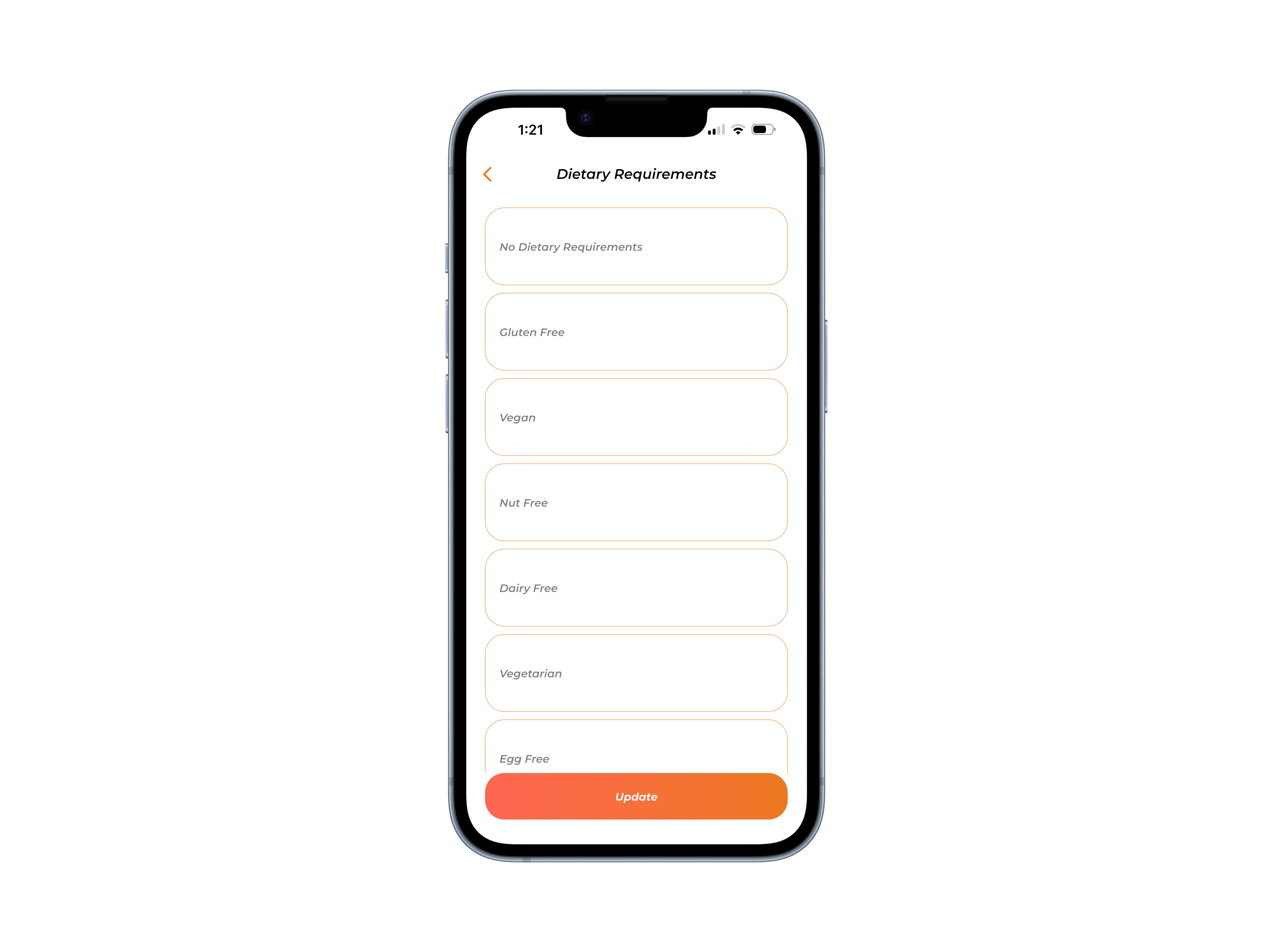 Dietary preferences screen